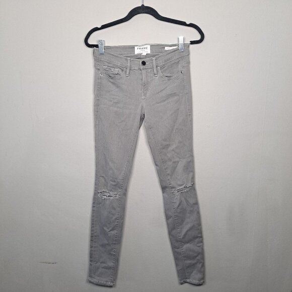 FRAME Le Skinny de Jeanne Satine Distressed Jeans 26 Grey - Picture 3 of 11